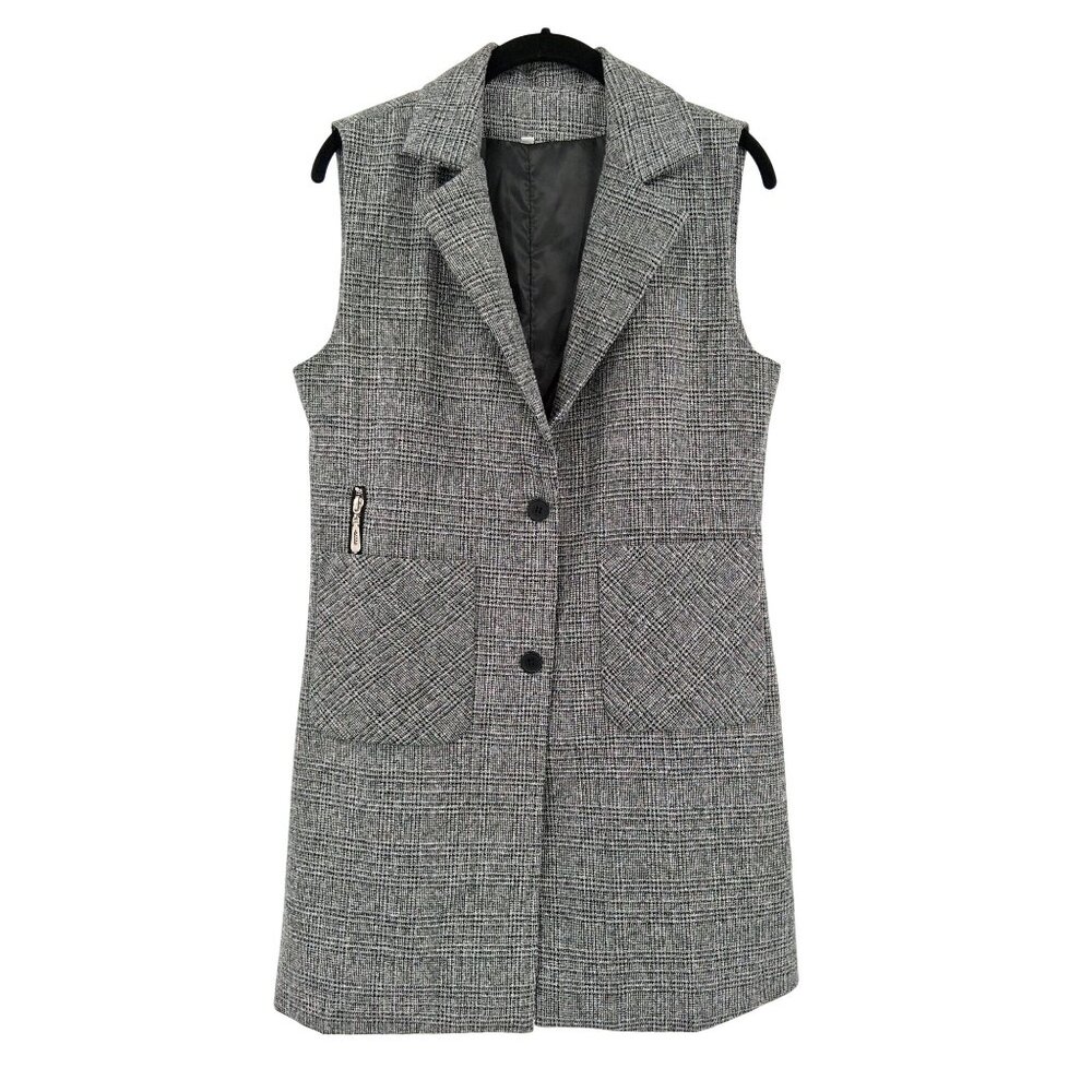Plaid Sleeveless Longline Vest With Pockets & Notched Collar Size Small
